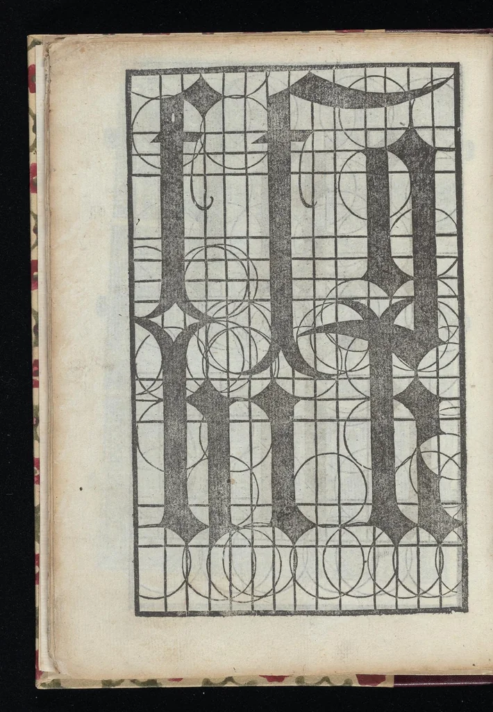 An illustration from Lo presente libro insegna la vera arte delo excelle[n]te scriuere de diuerse varie sorti de litere : le quali se fano p[e]r geometrica ragione & con la presente opera ognuno le potra imparare impochi giorni p[er] lo amaistramento, ragione, & essempli, come qui seguente vederai, 1544, leaf 49