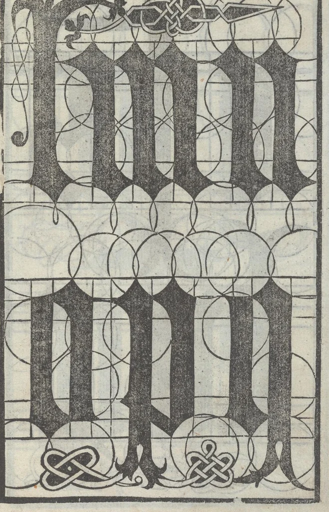 An illustration from Lo presente libro insegna la vera arte delo excelle[n]te scriuere de diuerse varie sorti de litere : le quali se fano p[e]r geometrica ragione & con la presente opera ognuno le potra imparare impochi giorni p[er] lo amaistramento, ragione, & essempli, come qui seguente vederai, 1544, leaf 50