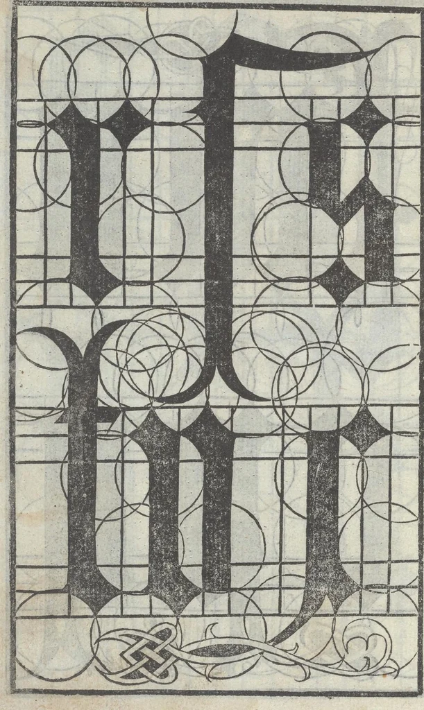 An illustration from Lo presente libro insegna la vera arte delo excelle[n]te scriuere de diuerse varie sorti de litere : le quali se fano p[e]r geometrica ragione & con la presente opera ognuno le potra imparare impochi giorni p[er] lo amaistramento, ragione, & essempli, come qui seguente vederai, 1544, leaf 51