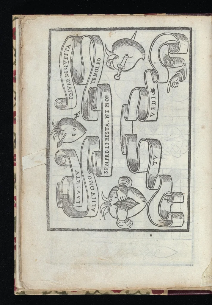 An illustration from Lo presente libro insegna la vera arte delo excelle[n]te scriuere de diuerse varie sorti de litere : le quali se fano p[e]r geometrica ragione & con la presente opera ognuno le potra imparare impochi giorni p[er] lo amaistramento, ragione, & essempli, come qui seguente vederai, 1544, leaf 53