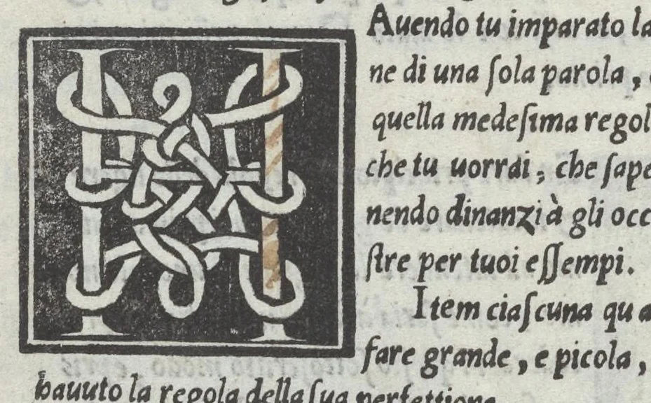 An illustration from Lo presente libro insegna la vera arte delo excelle[n]te scriuere de diuerse varie sorti de litere : le quali se fano p[e]r geometrica ragione & con la presente opera ognuno le potra imparare impochi giorni p[er] lo amaistramento, ragione, & essempli, come qui seguente vederai, 1544, leaf 65