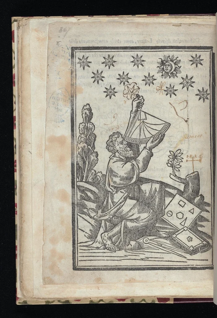 An illustration from Lo presente libro insegna la vera arte delo excelle[n]te scriuere de diuerse varie sorti de litere : le quali se fano p[e]r geometrica ragione & con la presente opera ognuno le potra imparare impochi giorni p[er] lo amaistramento, ragione, & essempli, come qui seguente vederai, 1544, leaf 67