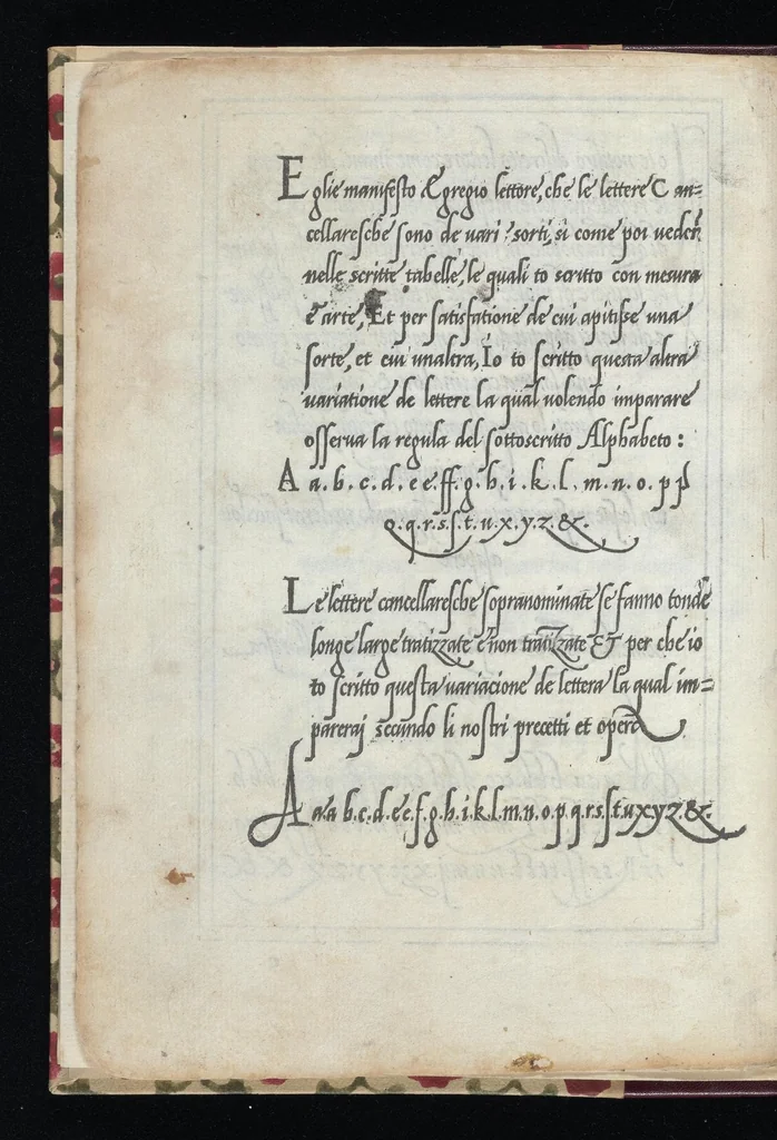 An illustration from Lo presente libro insegna la vera arte delo excelle[n]te scriuere de diuerse varie sorti de litere : le quali se fano p[e]r geometrica ragione & con la presente opera ognuno le potra imparare impochi giorni p[er] lo amaistramento, ragione, & essempli, come qui seguente vederai, 1544, leaf 9