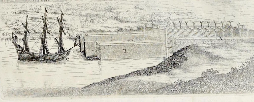 An illustration from L'arte di restituire à Roma la tralasciata nauigatione del suo Teuere : divisa in tre parti. 1. Gl'impedimenti, che sono nell'alueo del Teuere da Roma à Perugia, e suoi rimedij. 2. Le difficoltà, che sono nella nauigatione del Teuere da Roma sino al mare, e suoi rimedij. 3. Nella quale si discorre perche Roma è stata fabricata, e mantenuta sù le sponde del Teuere, e si tratta d'alcun'altre propositioni proficue per lo stato ecclesiastico., 1685, leaf 104