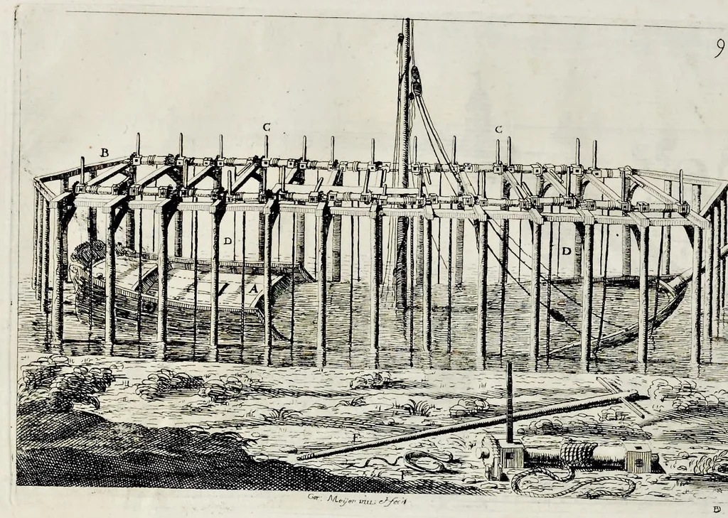 An illustration from L'arte di restituire à Roma la tralasciata nauigatione del suo Teuere : divisa in tre parti. 1. Gl'impedimenti, che sono nell'alueo del Teuere da Roma à Perugia, e suoi rimedij. 2. Le difficoltà, che sono nella nauigatione del Teuere da Roma sino al mare, e suoi rimedij. 3. Nella quale si discorre perche Roma è stata fabricata, e mantenuta sù le sponde del Teuere, e si tratta d'alcun'altre propositioni proficue per lo stato ecclesiastico., 1685, leaf 111