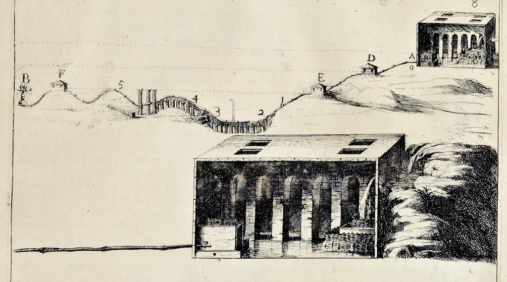 An illustration from L'arte di restituire à Roma la tralasciata nauigatione del suo Teuere : divisa in tre parti. 1. Gl'impedimenti, che sono nell'alueo del Teuere da Roma à Perugia, e suoi rimedij. 2. Le difficoltà, che sono nella nauigatione del Teuere da Roma sino al mare, e suoi rimedij. 3. Nella quale si discorre perche Roma è stata fabricata, e mantenuta sù le sponde del Teuere, e si tratta d'alcun'altre propositioni proficue per lo stato ecclesiastico., 1685, leaf 144