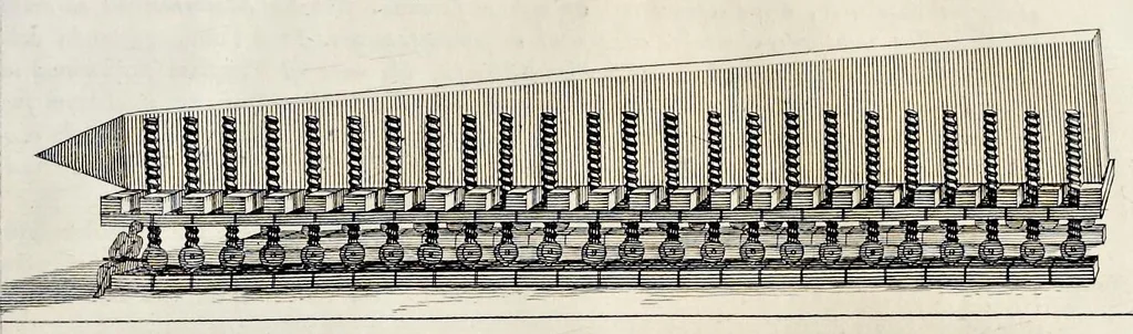 An illustration from L'arte di restituire à Roma la tralasciata nauigatione del suo Teuere : divisa in tre parti. 1. Gl'impedimenti, che sono nell'alueo del Teuere da Roma à Perugia, e suoi rimedij. 2. Le difficoltà, che sono nella nauigatione del Teuere da Roma sino al mare, e suoi rimedij. 3. Nella quale si discorre perche Roma è stata fabricata, e mantenuta sù le sponde del Teuere, e si tratta d'alcun'altre propositioni proficue per lo stato ecclesiastico., 1685, leaf 150