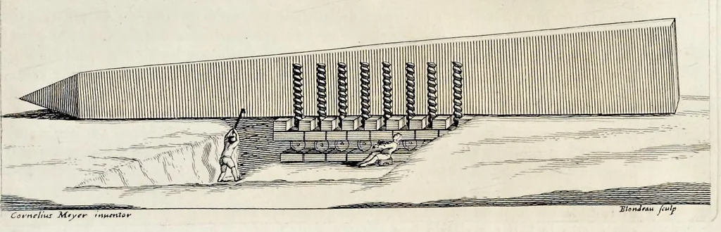 An illustration from L'arte di restituire à Roma la tralasciata nauigatione del suo Teuere : divisa in tre parti. 1. Gl'impedimenti, che sono nell'alueo del Teuere da Roma à Perugia, e suoi rimedij. 2. Le difficoltà, che sono nella nauigatione del Teuere da Roma sino al mare, e suoi rimedij. 3. Nella quale si discorre perche Roma è stata fabricata, e mantenuta sù le sponde del Teuere, e si tratta d'alcun'altre propositioni proficue per lo stato ecclesiastico., 1685, leaf 150