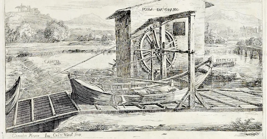 An illustration from L'arte di restituire à Roma la tralasciata nauigatione del suo Teuere : divisa in tre parti. 1. Gl'impedimenti, che sono nell'alueo del Teuere da Roma à Perugia, e suoi rimedij. 2. Le difficoltà, che sono nella nauigatione del Teuere da Roma sino al mare, e suoi rimedij. 3. Nella quale si discorre perche Roma è stata fabricata, e mantenuta sù le sponde del Teuere, e si tratta d'alcun'altre propositioni proficue per lo stato ecclesiastico., 1685, leaf 22