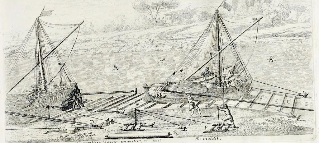 An illustration from L'arte di restituire à Roma la tralasciata nauigatione del suo Teuere : divisa in tre parti. 1. Gl'impedimenti, che sono nell'alueo del Teuere da Roma à Perugia, e suoi rimedij. 2. Le difficoltà, che sono nella nauigatione del Teuere da Roma sino al mare, e suoi rimedij. 3. Nella quale si discorre perche Roma è stata fabricata, e mantenuta sù le sponde del Teuere, e si tratta d'alcun'altre propositioni proficue per lo stato ecclesiastico., 1685, leaf 24