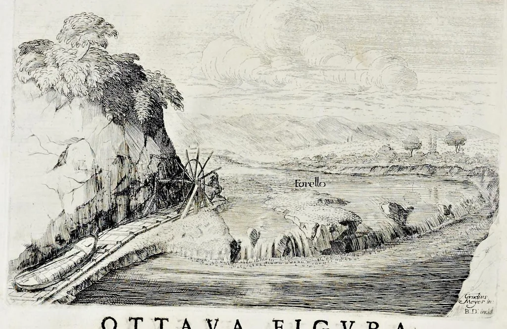 An illustration from L'arte di restituire à Roma la tralasciata nauigatione del suo Teuere : divisa in tre parti. 1. Gl'impedimenti, che sono nell'alueo del Teuere da Roma à Perugia, e suoi rimedij. 2. Le difficoltà, che sono nella nauigatione del Teuere da Roma sino al mare, e suoi rimedij. 3. Nella quale si discorre perche Roma è stata fabricata, e mantenuta sù le sponde del Teuere, e si tratta d'alcun'altre propositioni proficue per lo stato ecclesiastico., 1685, leaf 25