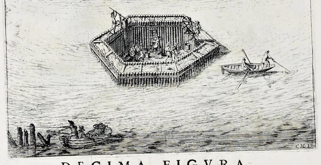 An illustration from L'arte di restituire à Roma la tralasciata nauigatione del suo Teuere : divisa in tre parti. 1. Gl'impedimenti, che sono nell'alueo del Teuere da Roma à Perugia, e suoi rimedij. 2. Le difficoltà, che sono nella nauigatione del Teuere da Roma sino al mare, e suoi rimedij. 3. Nella quale si discorre perche Roma è stata fabricata, e mantenuta sù le sponde del Teuere, e si tratta d'alcun'altre propositioni proficue per lo stato ecclesiastico., 1685, leaf 27