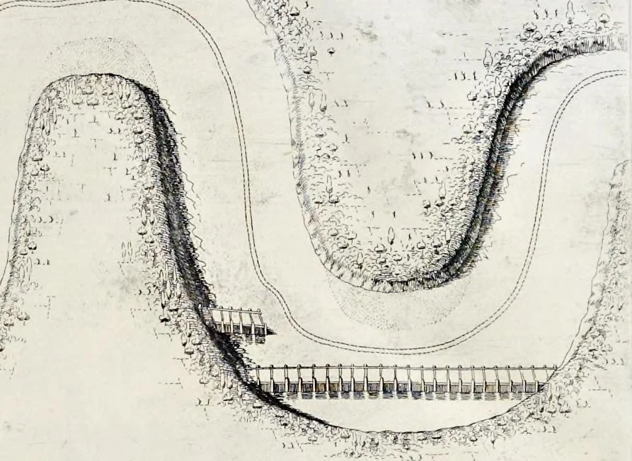 An illustration from L'arte di restituire à Roma la tralasciata nauigatione del suo Teuere : divisa in tre parti. 1. Gl'impedimenti, che sono nell'alueo del Teuere da Roma à Perugia, e suoi rimedij. 2. Le difficoltà, che sono nella nauigatione del Teuere da Roma sino al mare, e suoi rimedij. 3. Nella quale si discorre perche Roma è stata fabricata, e mantenuta sù le sponde del Teuere, e si tratta d'alcun'altre propositioni proficue per lo stato ecclesiastico., 1685, leaf 30