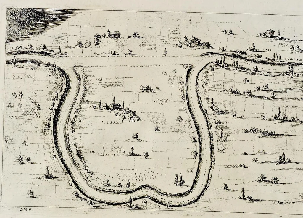 An illustration from L'arte di restituire à Roma la tralasciata nauigatione del suo Teuere : divisa in tre parti. 1. Gl'impedimenti, che sono nell'alueo del Teuere da Roma à Perugia, e suoi rimedij. 2. Le difficoltà, che sono nella nauigatione del Teuere da Roma sino al mare, e suoi rimedij. 3. Nella quale si discorre perche Roma è stata fabricata, e mantenuta sù le sponde del Teuere, e si tratta d'alcun'altre propositioni proficue per lo stato ecclesiastico., 1685, leaf 37