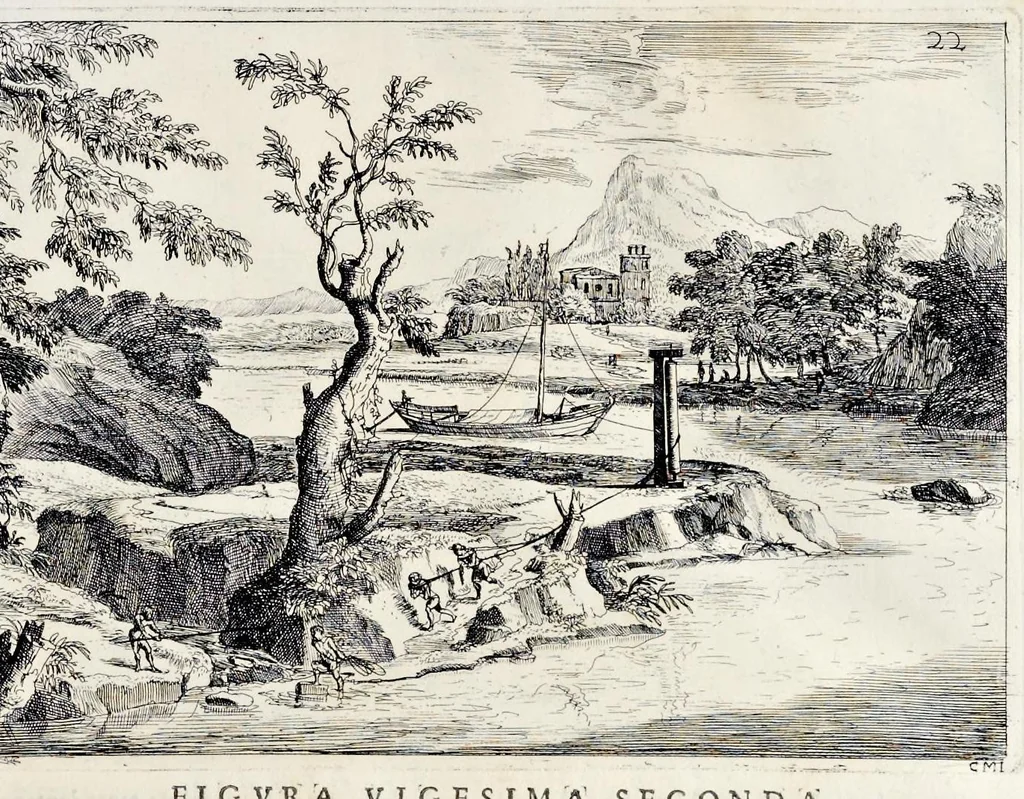 An illustration from L'arte di restituire à Roma la tralasciata nauigatione del suo Teuere : divisa in tre parti. 1. Gl'impedimenti, che sono nell'alueo del Teuere da Roma à Perugia, e suoi rimedij. 2. Le difficoltà, che sono nella nauigatione del Teuere da Roma sino al mare, e suoi rimedij. 3. Nella quale si discorre perche Roma è stata fabricata, e mantenuta sù le sponde del Teuere, e si tratta d'alcun'altre propositioni proficue per lo stato ecclesiastico., 1685, leaf 48