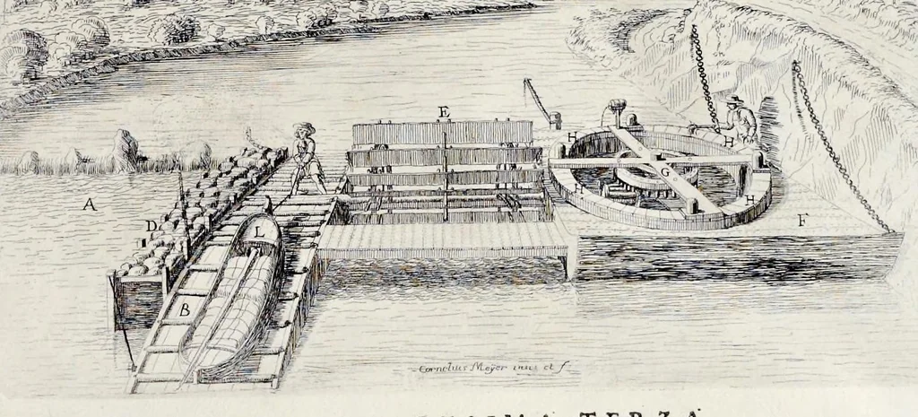An illustration from L'arte di restituire à Roma la tralasciata nauigatione del suo Teuere : divisa in tre parti. 1. Gl'impedimenti, che sono nell'alueo del Teuere da Roma à Perugia, e suoi rimedij. 2. Le difficoltà, che sono nella nauigatione del Teuere da Roma sino al mare, e suoi rimedij. 3. Nella quale si discorre perche Roma è stata fabricata, e mantenuta sù le sponde del Teuere, e si tratta d'alcun'altre propositioni proficue per lo stato ecclesiastico., 1685, leaf 50
