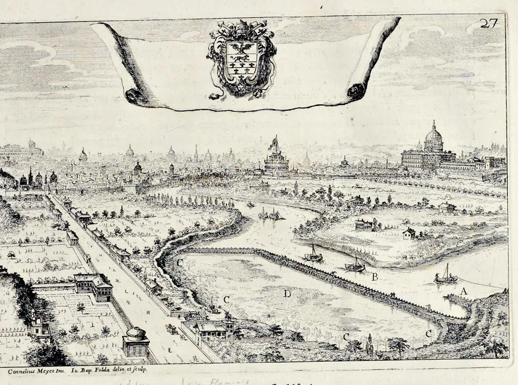 An illustration from L'arte di restituire à Roma la tralasciata nauigatione del suo Teuere : divisa in tre parti. 1. Gl'impedimenti, che sono nell'alueo del Teuere da Roma à Perugia, e suoi rimedij. 2. Le difficoltà, che sono nella nauigatione del Teuere da Roma sino al mare, e suoi rimedij. 3. Nella quale si discorre perche Roma è stata fabricata, e mantenuta sù le sponde del Teuere, e si tratta d'alcun'altre propositioni proficue per lo stato ecclesiastico., 1685, leaf 60
