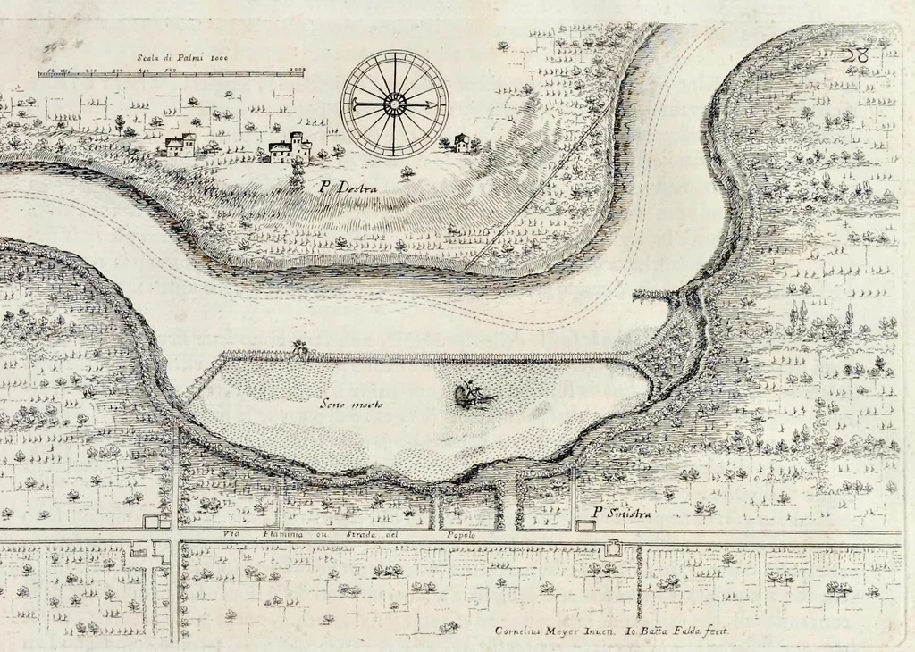 An illustration from L'arte di restituire à Roma la tralasciata nauigatione del suo Teuere : divisa in tre parti. 1. Gl'impedimenti, che sono nell'alueo del Teuere da Roma à Perugia, e suoi rimedij. 2. Le difficoltà, che sono nella nauigatione del Teuere da Roma sino al mare, e suoi rimedij. 3. Nella quale si discorre perche Roma è stata fabricata, e mantenuta sù le sponde del Teuere, e si tratta d'alcun'altre propositioni proficue per lo stato ecclesiastico., 1685, leaf 64
