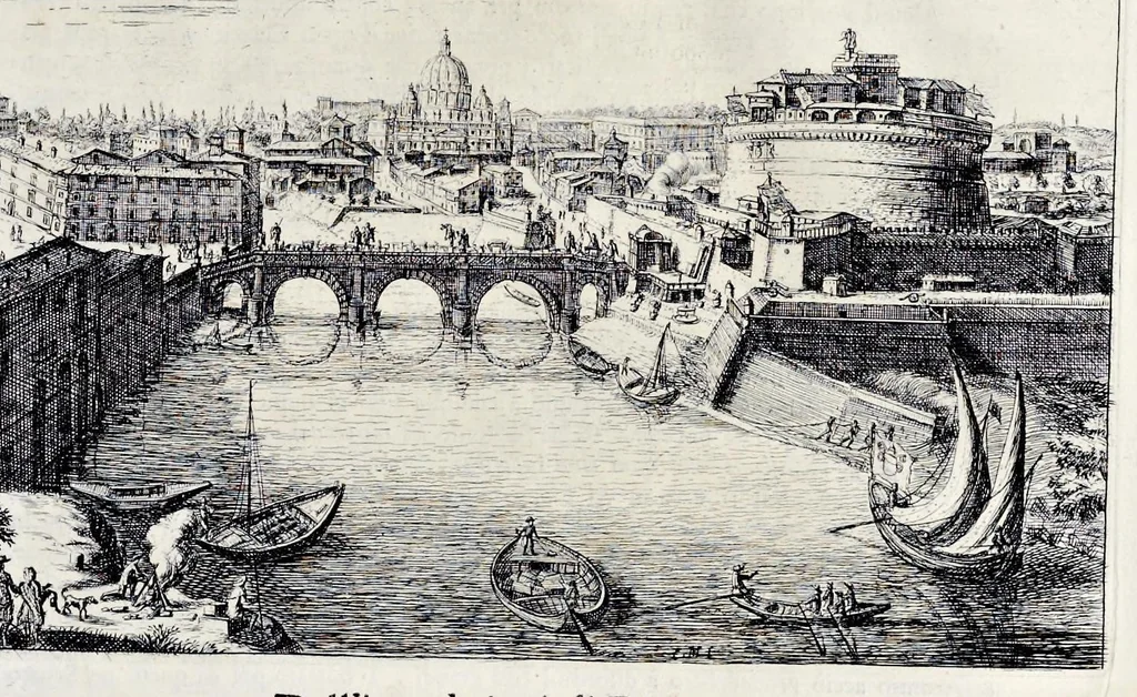 An illustration from L'arte di restituire à Roma la tralasciata nauigatione del suo Teuere : divisa in tre parti. 1. Gl'impedimenti, che sono nell'alueo del Teuere da Roma à Perugia, e suoi rimedij. 2. Le difficoltà, che sono nella nauigatione del Teuere da Roma sino al mare, e suoi rimedij. 3. Nella quale si discorre perche Roma è stata fabricata, e mantenuta sù le sponde del Teuere, e si tratta d'alcun'altre propositioni proficue per lo stato ecclesiastico., 1685, leaf 68