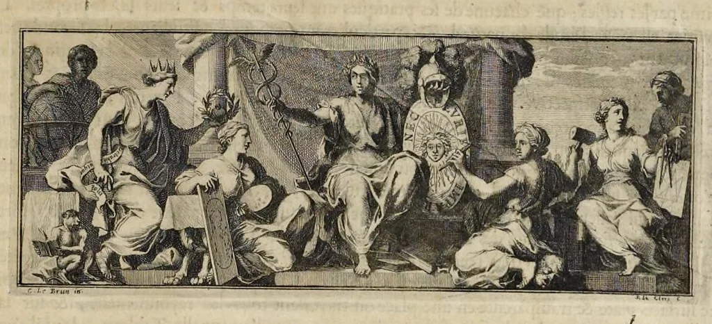 An illustration from Sentimens des plus habiles peintres sur la pratique de la peinture et sculpture : mis en tables de preceptes, avec plusieurs discours academiques, ou conferences tenuës en l'Académie royale desdits arts .., 1696, leaf 12