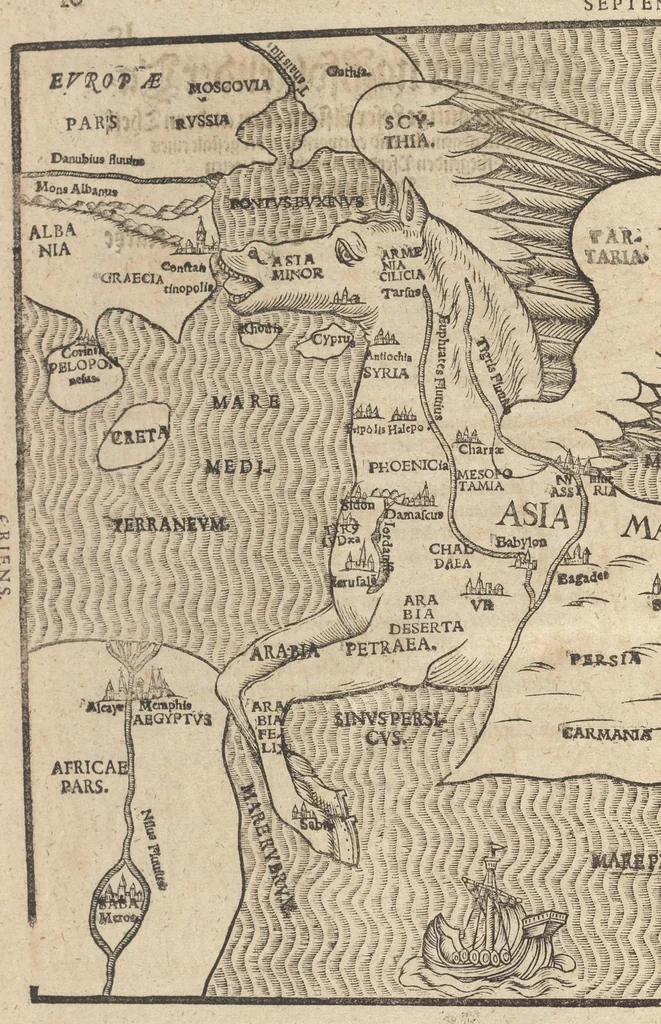 An illustration from Itinerarium Sacrae Scripturae, das ist, Ein Reisebuch uber die gantze heilige Schrifft in zwey Bücher getheilet : der erste Theil begreifft alle Reisen der lieben Patriarchen, Richter, Könige, Propheten, Fürsten, etc. nach deutschen Meilen ausgerechnet vnnd die Ländere Städte, Wasser, Berg vnd Thal, deren in heiliger Schrifft gedacht wird, nach aller Gelegenheit und Gestalt beschrieben ... der ander gehet auff das Newe Testament vnd zeiget an wie die Jungfraw Maria, Joseph, die Weisen aus Morgenland, der Herr Jesus Christus vnd die lieben Apostel gereiset haben ... : zuuor gemehret mit einem Büchlein De Monetis et Mensuris, darin alle Silbern vnd Goldmüntze, auch Korn vnd Weinmass, deren in heiliger Schrifft gedacht, nach Notturfft erkleret werden : jetzt aber auffs newe durch den Autoren selbst mit Fleiss vbersehen ... gemehret vnd gebessert, insonderheit aber mit einer feinen nützlichen Erklerung dess Buchs Josua, 1597, leaf 35