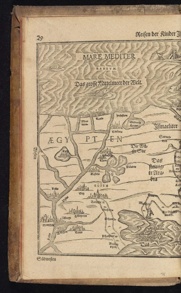 An illustration from Itinerarium Sacrae Scripturae, das ist, Ein Reisebuch uber die gantze heilige Schrifft in zwey Bücher getheilet : der erste Theil begreifft alle Reisen der lieben Patriarchen, Richter, Könige, Propheten, Fürsten, etc. nach deutschen Meilen ausgerechnet vnnd die Ländere Städte, Wasser, Berg vnd Thal, deren in heiliger Schrifft gedacht wird, nach aller Gelegenheit und Gestalt beschrieben ... der ander gehet auff das Newe Testament vnd zeiget an wie die Jungfraw Maria, Joseph, die Weisen aus Morgenland, der Herr Jesus Christus vnd die lieben Apostel gereiset haben ... : zuuor gemehret mit einem Büchlein De Monetis et Mensuris, darin alle Silbern vnd Goldmüntze, auch Korn vnd Weinmass, deren in heiliger Schrifft gedacht, nach Notturfft erkleret werden : jetzt aber auffs newe durch den Autoren selbst mit Fleiss vbersehen ... gemehret vnd gebessert, insonderheit aber mit einer feinen nützlichen Erklerung dess Buchs Josua, 1597, leaf 49