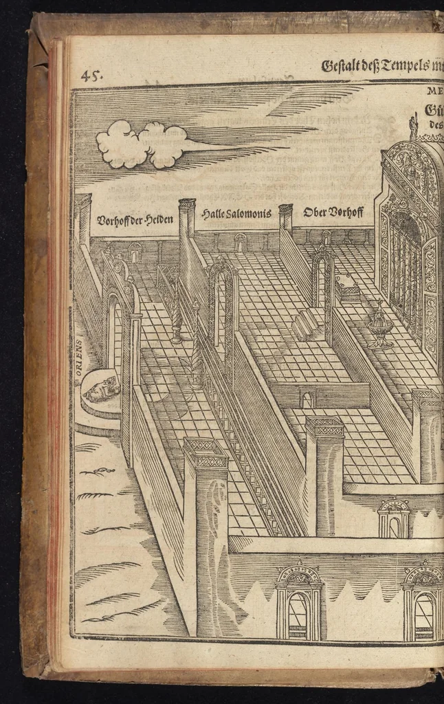 An illustration from Itinerarium Sacrae Scripturae, das ist, Ein Reisebuch uber die gantze heilige Schrifft in zwey Bücher getheilet : der erste Theil begreifft alle Reisen der lieben Patriarchen, Richter, Könige, Propheten, Fürsten, etc. nach deutschen Meilen ausgerechnet vnnd die Ländere Städte, Wasser, Berg vnd Thal, deren in heiliger Schrifft gedacht wird, nach aller Gelegenheit und Gestalt beschrieben ... der ander gehet auff das Newe Testament vnd zeiget an wie die Jungfraw Maria, Joseph, die Weisen aus Morgenland, der Herr Jesus Christus vnd die lieben Apostel gereiset haben ... : zuuor gemehret mit einem Büchlein De Monetis et Mensuris, darin alle Silbern vnd Goldmüntze, auch Korn vnd Weinmass, deren in heiliger Schrifft gedacht, nach Notturfft erkleret werden : jetzt aber auffs newe durch den Autoren selbst mit Fleiss vbersehen ... gemehret vnd gebessert, insonderheit aber mit einer feinen nützlichen Erklerung dess Buchs Josua, 1597, leaf 65