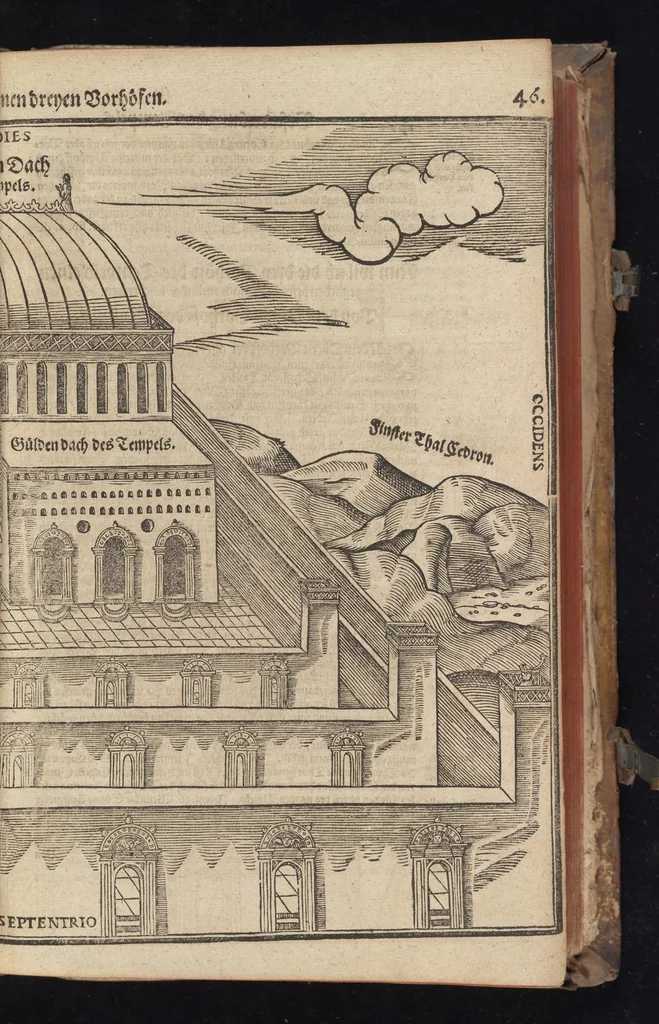 An illustration from Itinerarium Sacrae Scripturae, das ist, Ein Reisebuch uber die gantze heilige Schrifft in zwey Bücher getheilet : der erste Theil begreifft alle Reisen der lieben Patriarchen, Richter, Könige, Propheten, Fürsten, etc. nach deutschen Meilen ausgerechnet vnnd die Ländere Städte, Wasser, Berg vnd Thal, deren in heiliger Schrifft gedacht wird, nach aller Gelegenheit und Gestalt beschrieben ... der ander gehet auff das Newe Testament vnd zeiget an wie die Jungfraw Maria, Joseph, die Weisen aus Morgenland, der Herr Jesus Christus vnd die lieben Apostel gereiset haben ... : zuuor gemehret mit einem Büchlein De Monetis et Mensuris, darin alle Silbern vnd Goldmüntze, auch Korn vnd Weinmass, deren in heiliger Schrifft gedacht, nach Notturfft erkleret werden : jetzt aber auffs newe durch den Autoren selbst mit Fleiss vbersehen ... gemehret vnd gebessert, insonderheit aber mit einer feinen nützlichen Erklerung dess Buchs Josua, 1597, leaf 66