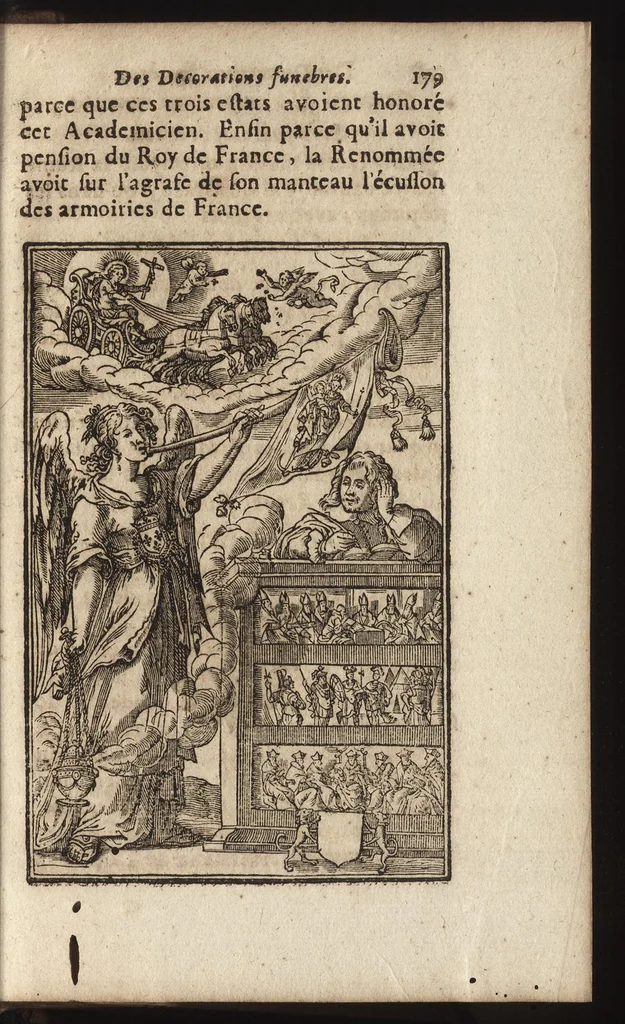 An illustration from Des decorations funebres : ou il est amplement traité des tentures, des lumieres, des mausolées, catafalques, inscriptions & autres ornemens funebres; avec tout ce qui s'est fait de plus considerable depuis plus d'un siecle, pour les papes, empereurs, rois, reines, cardinaux, princes, prelats, sçavans & personnes illustres en naissance, vertu & dignité, 1683, leaf 210