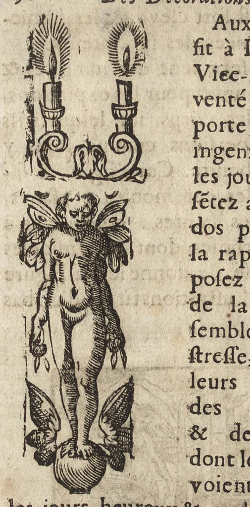 An illustration from Des decorations funebres : ou il est amplement traité des tentures, des lumieres, des mausolées, catafalques, inscriptions & autres ornemens funebres; avec tout ce qui s'est fait de plus considerable depuis plus d'un siecle, pour les papes, empereurs, rois, reines, cardinaux, princes, prelats, sçavans & personnes illustres en naissance, vertu & dignité, 1683, leaf 221