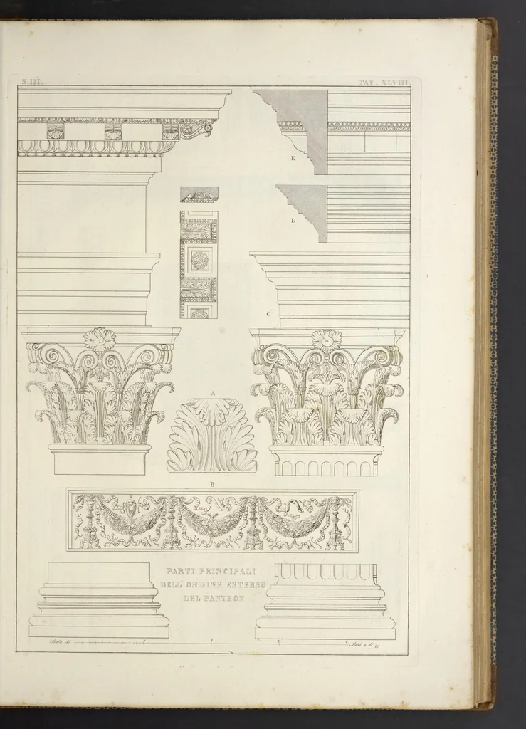An illustration from L'architettura antica descritta e dimostrata coi monumenti ... : opera divisa in tre sezioni risguardanti la storia, la teorica, e le pratiche dell' architettura egiziana, greca e romana, 1830, leaf 110