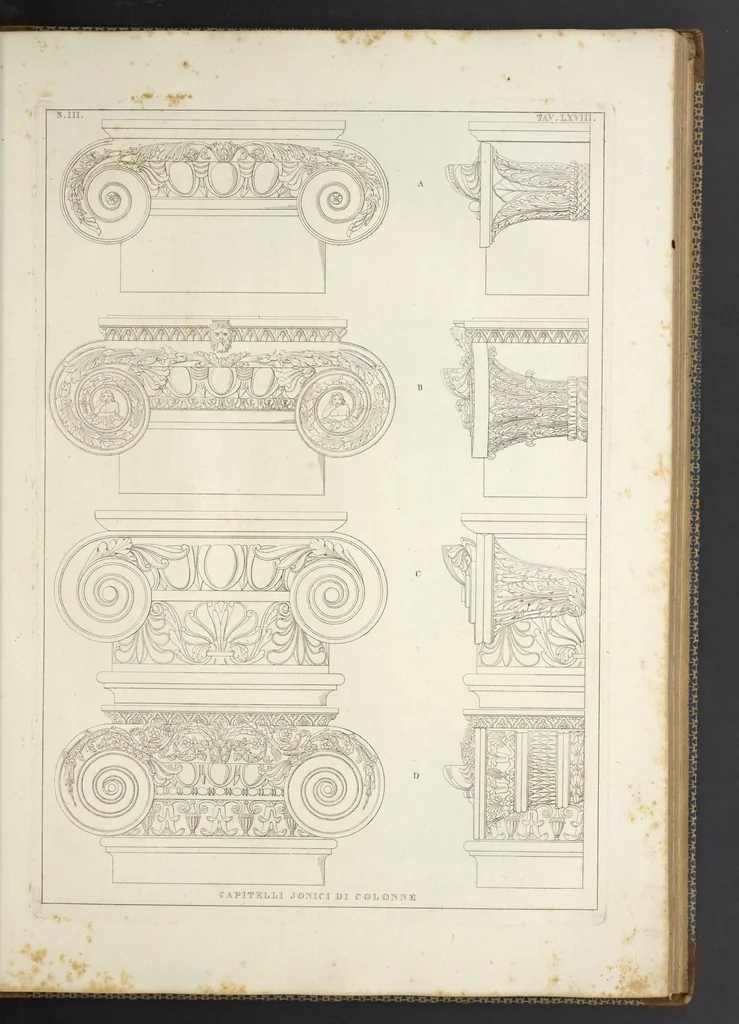 An illustration from L'architettura antica descritta e dimostrata coi monumenti ... : opera divisa in tre sezioni risguardanti la storia, la teorica, e le pratiche dell' architettura egiziana, greca e romana, 1830, leaf 156
