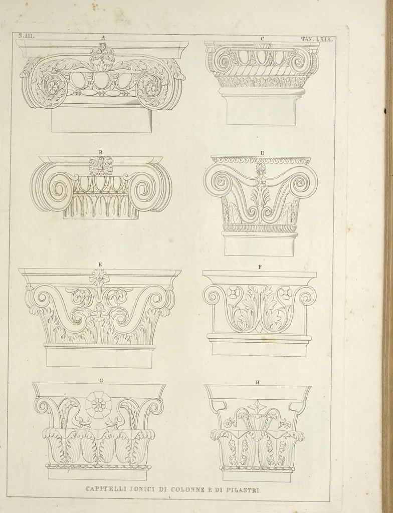 An illustration from L'architettura antica descritta e dimostrata coi monumenti ... : opera divisa in tre sezioni risguardanti la storia, la teorica, e le pratiche dell' architettura egiziana, greca e romana, 1830, leaf 158