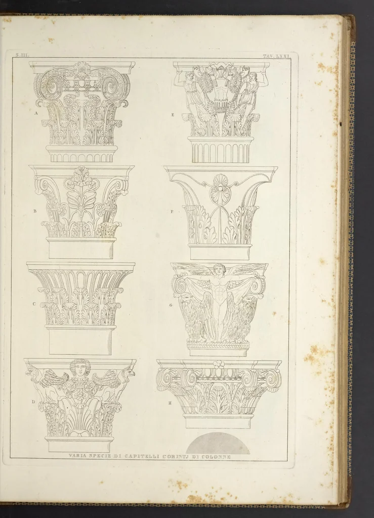 An illustration from L'architettura antica descritta e dimostrata coi monumenti ... : opera divisa in tre sezioni risguardanti la storia, la teorica, e le pratiche dell' architettura egiziana, greca e romana, 1830, leaf 162