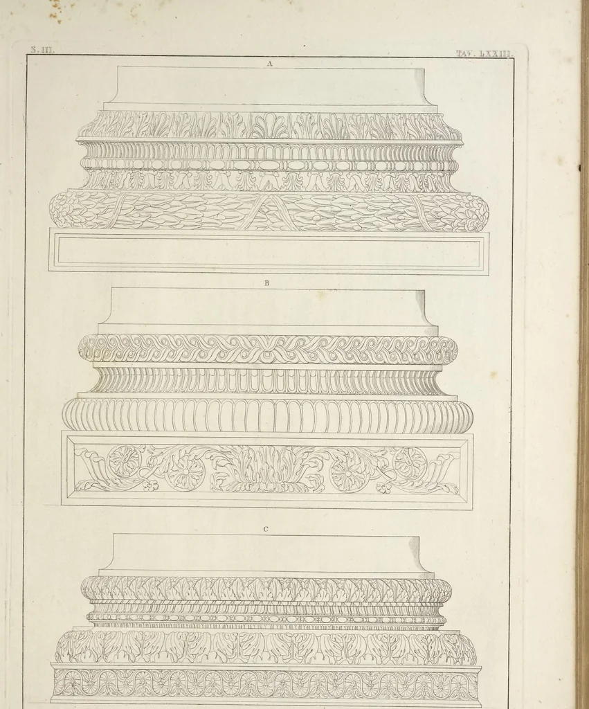 An illustration from L'architettura antica descritta e dimostrata coi monumenti ... : opera divisa in tre sezioni risguardanti la storia, la teorica, e le pratiche dell' architettura egiziana, greca e romana, 1830, leaf 166