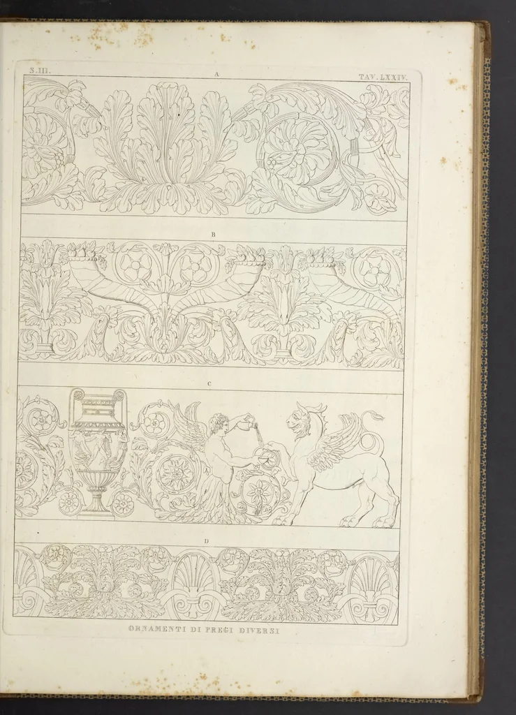 An illustration from L'architettura antica descritta e dimostrata coi monumenti ... : opera divisa in tre sezioni risguardanti la storia, la teorica, e le pratiche dell' architettura egiziana, greca e romana, 1830, leaf 168