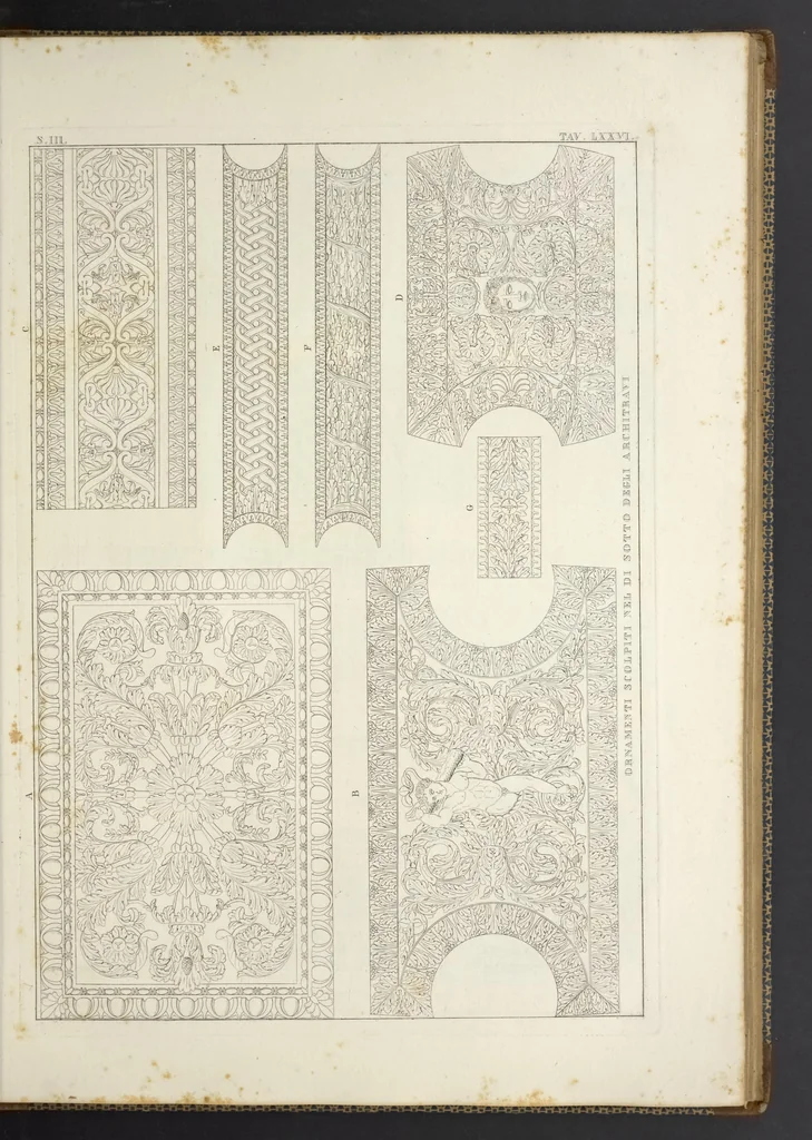 An illustration from L'architettura antica descritta e dimostrata coi monumenti ... : opera divisa in tre sezioni risguardanti la storia, la teorica, e le pratiche dell' architettura egiziana, greca e romana, 1830, leaf 172