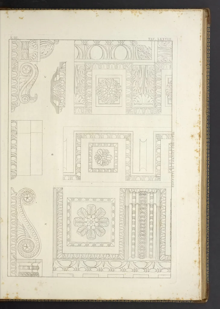 An illustration from L'architettura antica descritta e dimostrata coi monumenti ... : opera divisa in tre sezioni risguardanti la storia, la teorica, e le pratiche dell' architettura egiziana, greca e romana, 1830, leaf 176