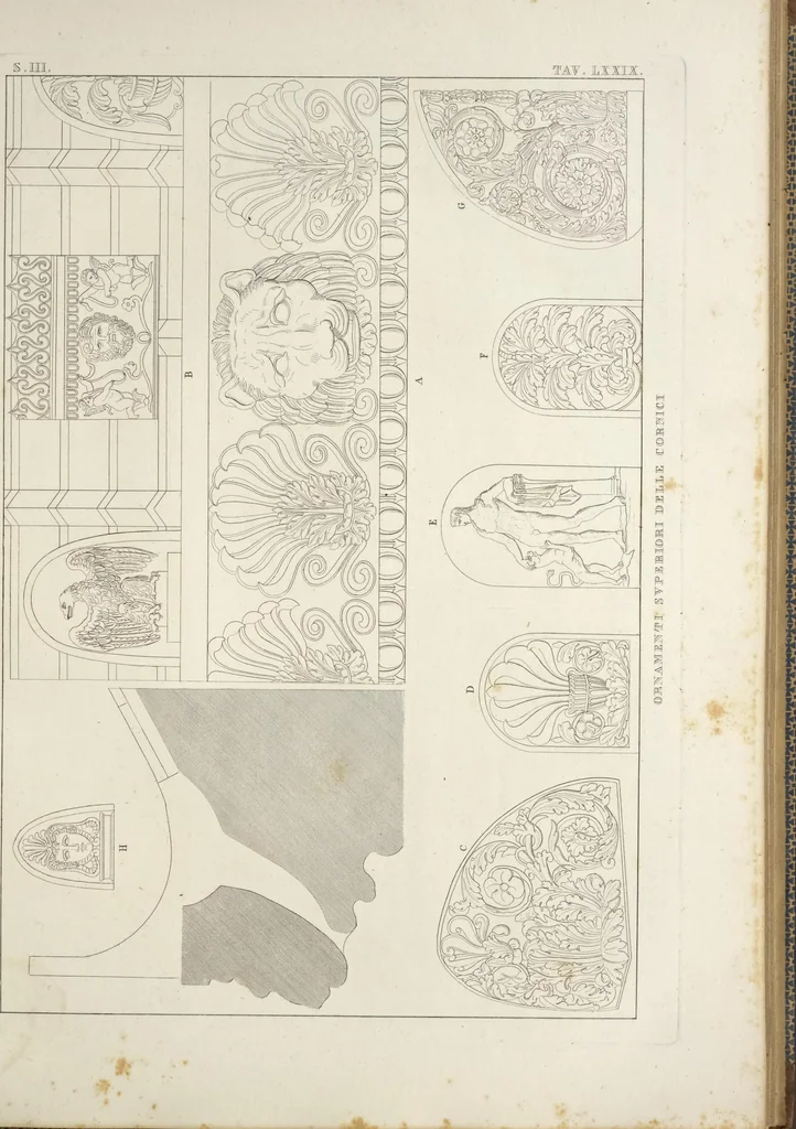 An illustration from L'architettura antica descritta e dimostrata coi monumenti ... : opera divisa in tre sezioni risguardanti la storia, la teorica, e le pratiche dell' architettura egiziana, greca e romana, 1830, leaf 178
