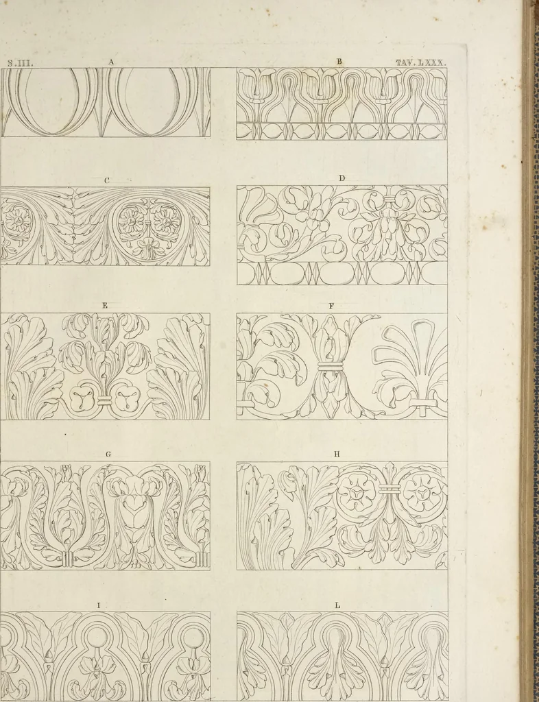 An illustration from L'architettura antica descritta e dimostrata coi monumenti ... : opera divisa in tre sezioni risguardanti la storia, la teorica, e le pratiche dell' architettura egiziana, greca e romana, 1830, leaf 180