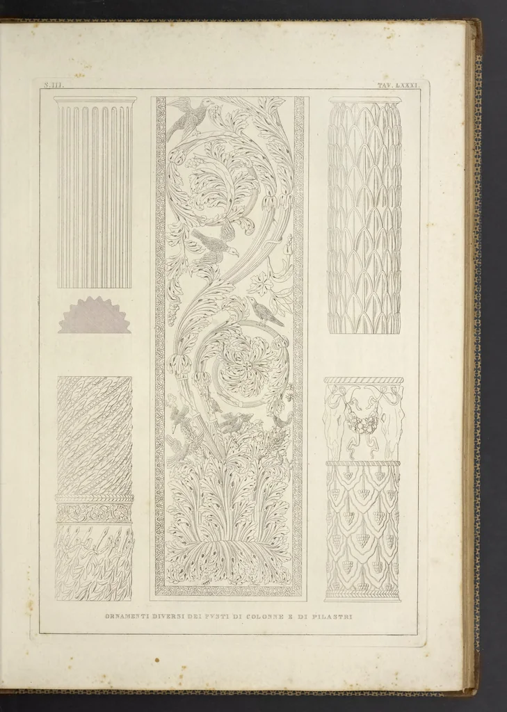 An illustration from L'architettura antica descritta e dimostrata coi monumenti ... : opera divisa in tre sezioni risguardanti la storia, la teorica, e le pratiche dell' architettura egiziana, greca e romana, 1830, leaf 182