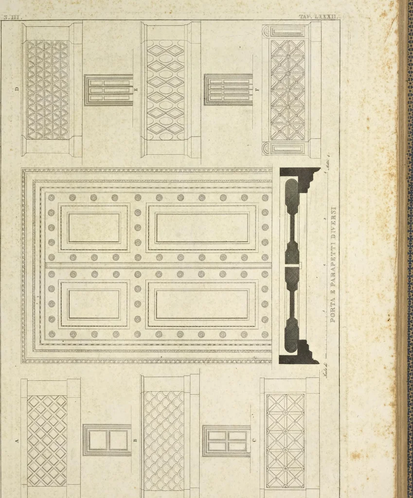 An illustration from L'architettura antica descritta e dimostrata coi monumenti ... : opera divisa in tre sezioni risguardanti la storia, la teorica, e le pratiche dell' architettura egiziana, greca e romana, 1830, leaf 184