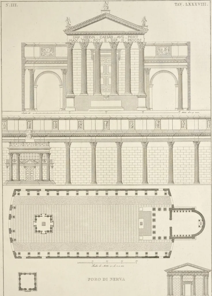 An illustration from L'architettura antica descritta e dimostrata coi monumenti ... : opera divisa in tre sezioni risguardanti la storia, la teorica, e le pratiche dell' architettura egiziana, greca e romana, 1830, leaf 198