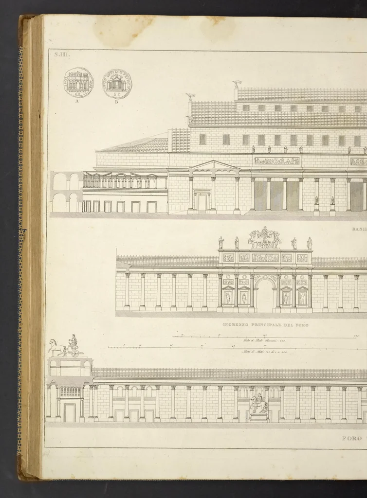 An illustration from L'architettura antica descritta e dimostrata coi monumenti ... : opera divisa in tre sezioni risguardanti la storia, la teorica, e le pratiche dell' architettura egiziana, greca e romana, 1830, leaf 205