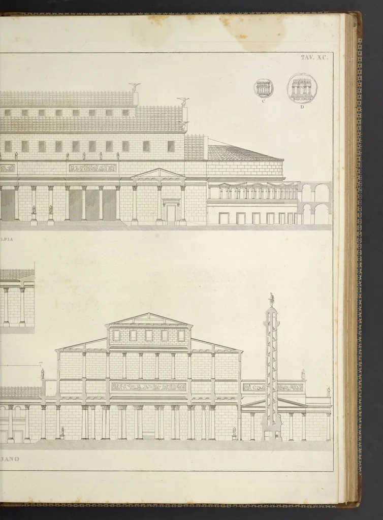 An illustration from L'architettura antica descritta e dimostrata coi monumenti ... : opera divisa in tre sezioni risguardanti la storia, la teorica, e le pratiche dell' architettura egiziana, greca e romana, 1830, leaf 206