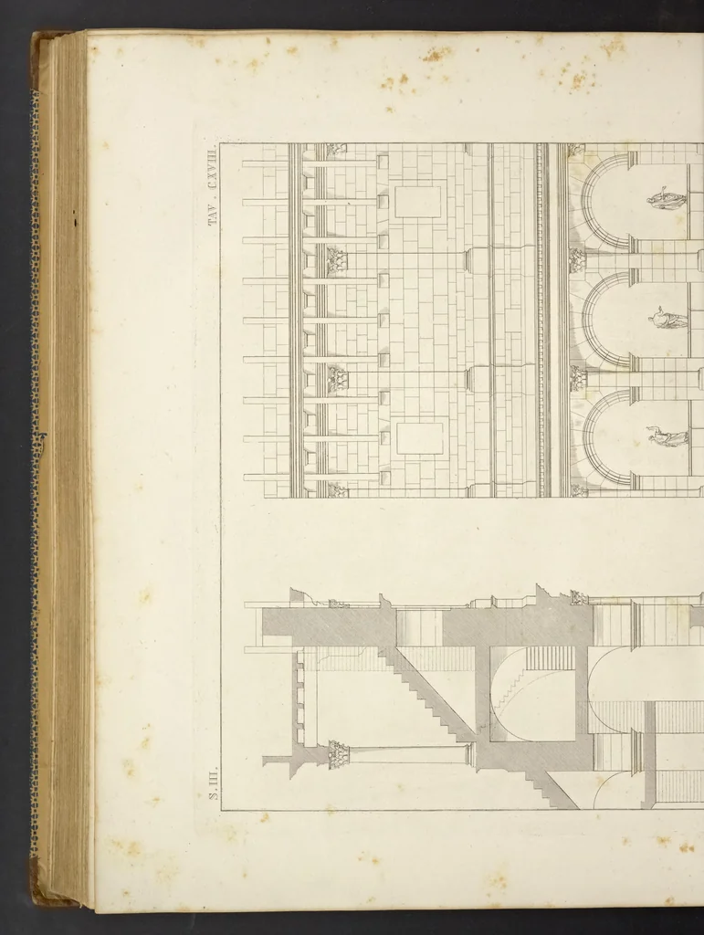An illustration from L'architettura antica descritta e dimostrata coi monumenti ... : opera divisa in tre sezioni risguardanti la storia, la teorica, e le pratiche dell' architettura egiziana, greca e romana, 1830, leaf 273