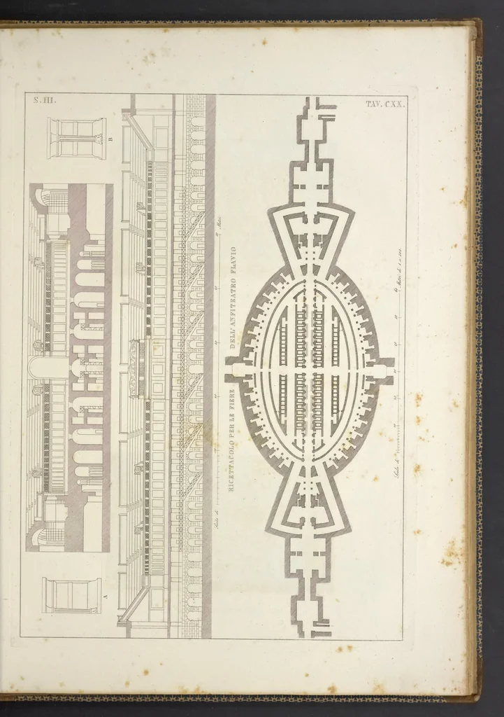 An illustration from L'architettura antica descritta e dimostrata coi monumenti ... : opera divisa in tre sezioni risguardanti la storia, la teorica, e le pratiche dell' architettura egiziana, greca e romana, 1830, leaf 278