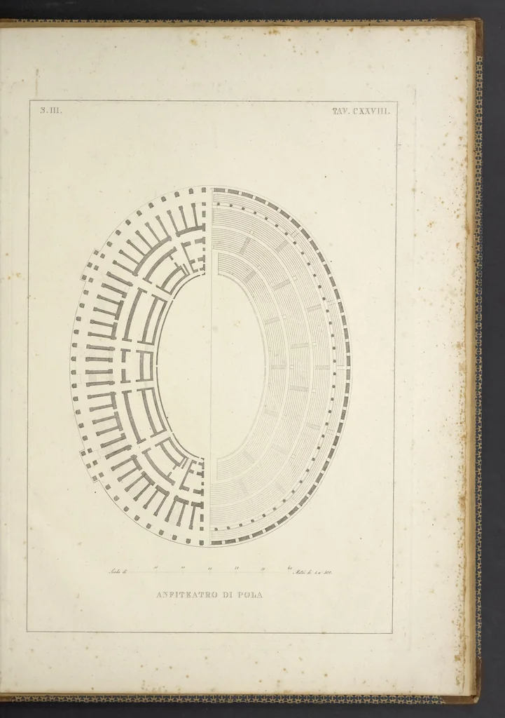An illustration from L'architettura antica descritta e dimostrata coi monumenti ... : opera divisa in tre sezioni risguardanti la storia, la teorica, e le pratiche dell' architettura egiziana, greca e romana, 1830, leaf 296