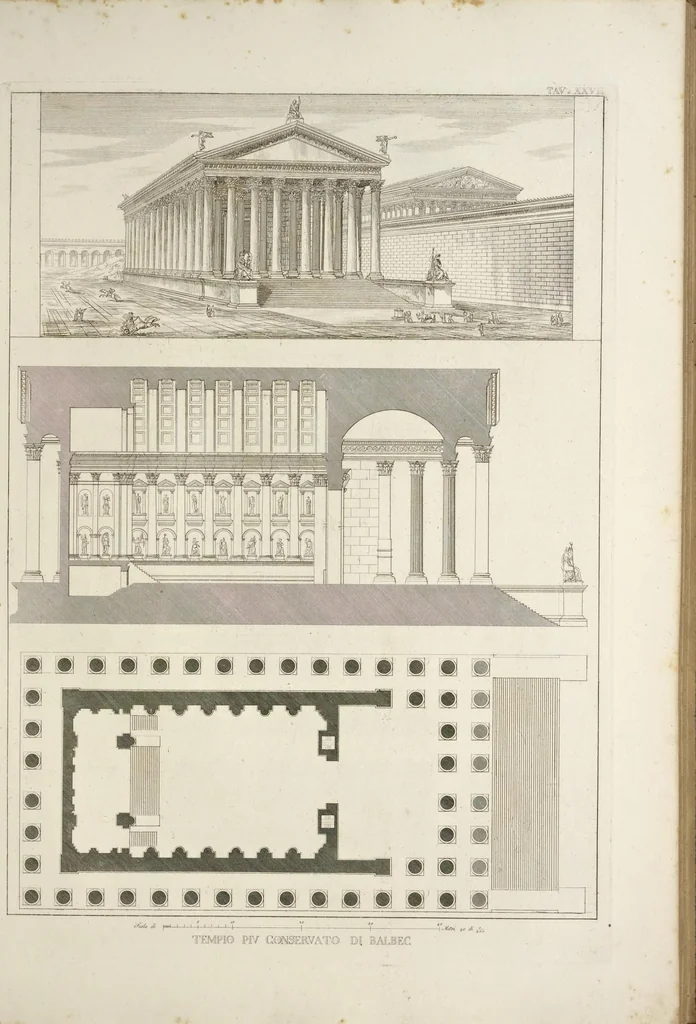 An illustration from L'architettura antica descritta e dimostrata coi monumenti ... : opera divisa in tre sezioni risguardanti la storia, la teorica, e le pratiche dell' architettura egiziana, greca e romana, 1830, leaf 64
