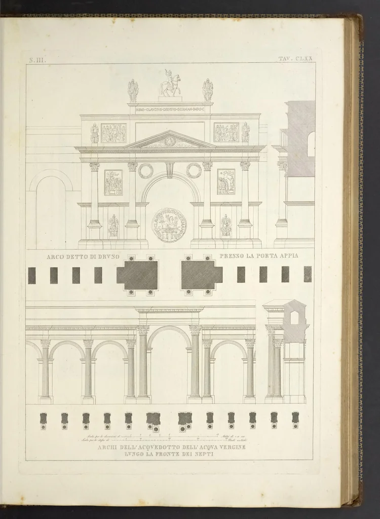 An illustration from L'architettura antica descritta e dimostrata coi monumenti ... : opera divisa in tre sezioni risguardanti la storia, la teorica, e le pratiche dell' architettura egiziana, greca e romana, 1830, leaf 110